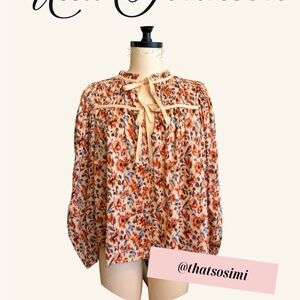 Ulla Johnson Floral Tie-Neck Blouse - Cream & Rust